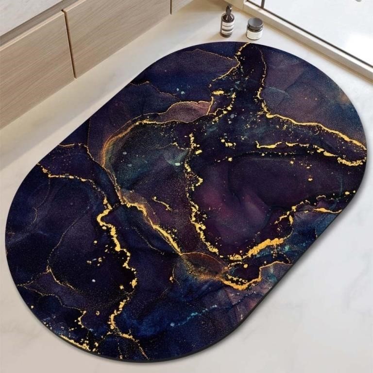 Purple Golden Swirls Marble Oval  Bath Mat
