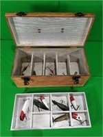 OLD WOODEN FISHING LURES WITH WOODEN TACKLE BOX