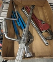 ASSORTED TOOLS - PIPE WRENCH, WRENCHES