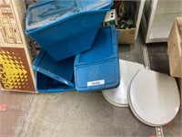 3 STORAGE TOTES WITH  LIDS AND 2 TOILET SEATS