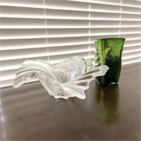 Heavy Glass Dish w/ Green Vase