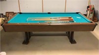 Pool Table, 3pc. slate top, balls & cue sticks,