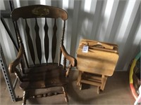 Wooden Rocking Chair; 4 TV Trays w/ Stand