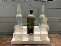 6 GLASS BOTTLES AND JAR