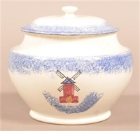 Blue Spatter Windmill Pattern Covered Sugar Bowl.