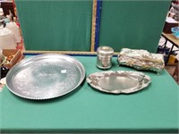 SILVER PLATE TRAYS AND JEWELRY BOX