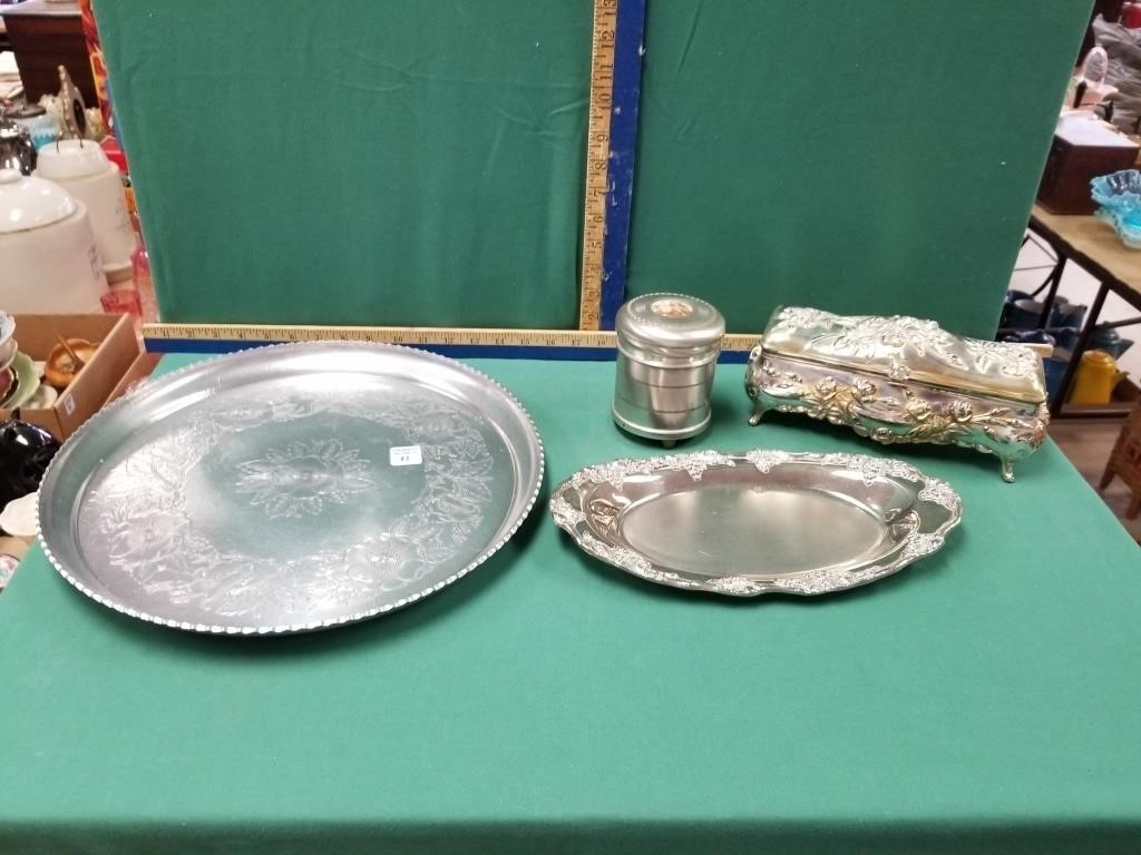 SILVER PLATE TRAYS AND JEWELRY BOX