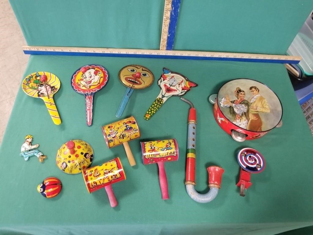 BOX OF TIN NOISE MAKERS AND TAMBOURINE