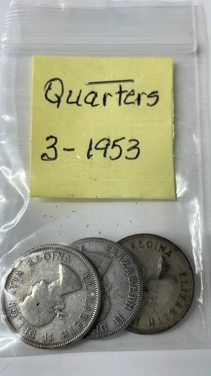 3 1953 Canadian Quarters