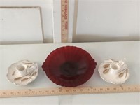 1940's Ruby Red Shallow Bowl Lefton Candleholders