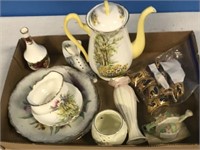 SHELLEY TEA PITCHER, SAUCERS, MISC PORCELAIN