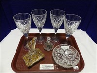 TRAY: STEMWARE AND 3 DISHES