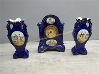 Cobalt Blue Cased Clock Set / two Vases