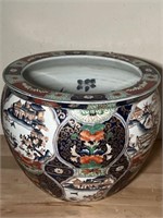 VINTAGE Chinese Porcelain Fish Bowl on Wood Stand