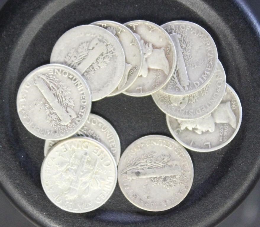 US Coins 10 Mercury Silver Dimes, circulated