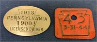 lot of 2 License 1913 License,1944 Plate