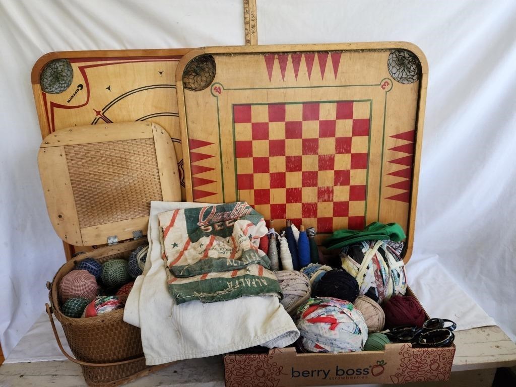 Carrom Game Board, Feed Sacks, Picnic Basket