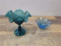 Vintage Ivina Glass Dimond Point Teal Ruffle Candy