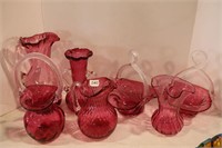 CRANBERRY GLASS VASES, BASKET VASES & PITCHERS