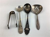(4) sterling utensils includ. sugar tongs, spoons