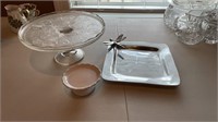 Pewter Dragonfly Tray, Glass Cake Stand, and Tiny