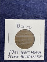 1951 half penny Great Britain coin