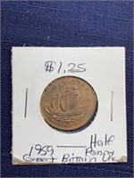 1959 half penny Great Britain coin