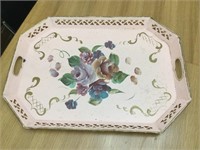 22" Vintage Pink Shabby Floral Metal Tray