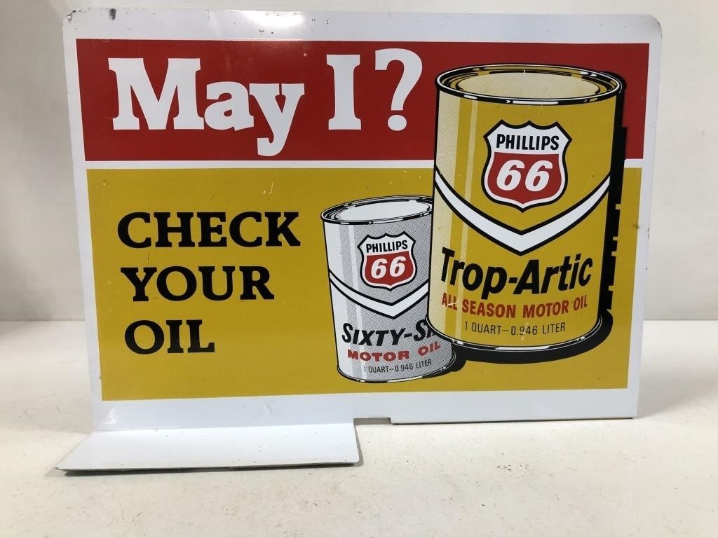 MAY I CHECK YOUR OIL/TIRES DOUBLE SIDED TIN SIGN