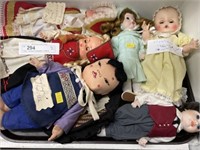 Tray- Assorted Composition, Cloth & Porcelain Doll