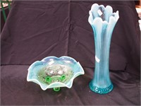 Two pieces of opalescent glass: blue 12" vase