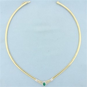 Emerald and Diamond Omega Necklace in 14k Yellow G