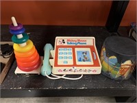 TOY DRUM, FISHER PRICE TALKING PHONE AND TOWER TOY