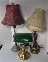 Vtg. Brass Base Glass Shade Desk Lamp and and