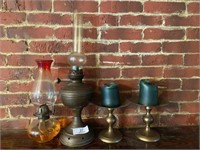 2 Oil Lamps & Pair of Candlesticks