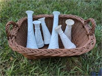 Basket w 6 milk glass bud vases