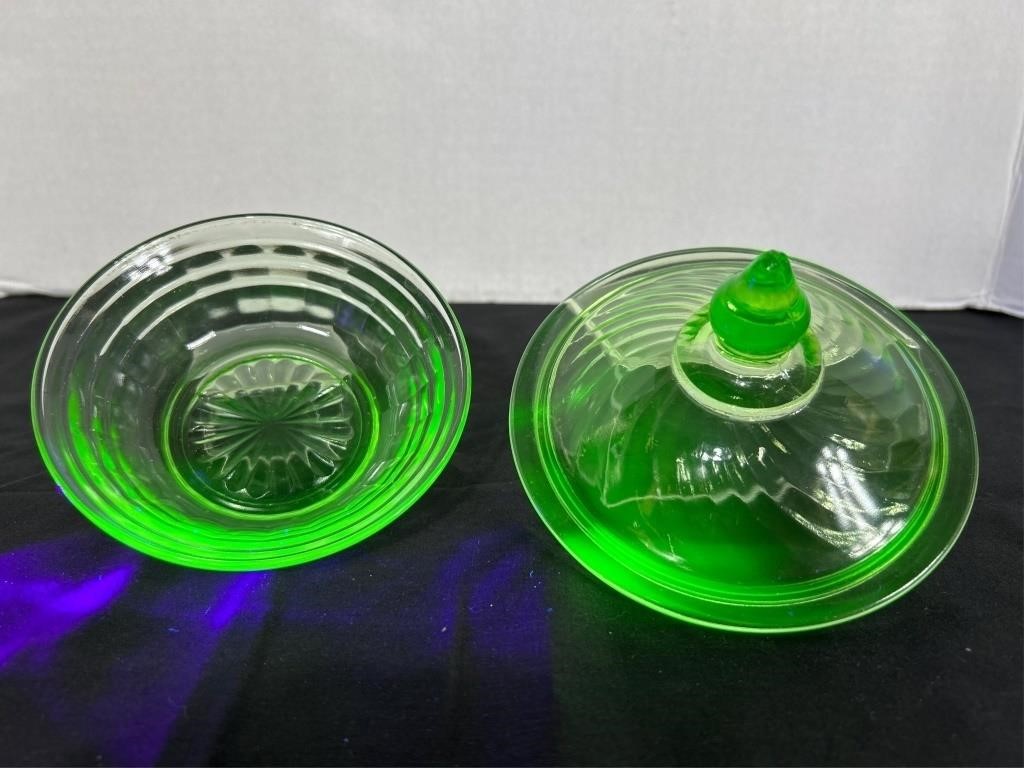 (2) Green Uranium Glass: 4 in. Bowl