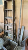 Old wooden folding ladder, wood crate, bottle,