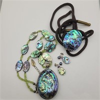 ABALONE NECKLACE, PIERCED EARINGS & BOLA TIE