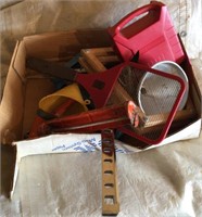 Tennis Racket with garage junk drawer items