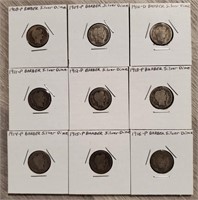 (9) Barber Silver US Mint Dimes 1908-P to 1916-P