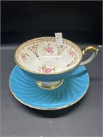Vtg. Aynsley Teal/Turquoise roses teacup & saucer
