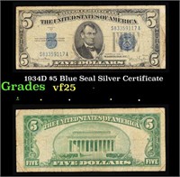 1934D $5 Blue Seal Silver Certificate Grades vf+