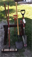 Assorted hand tools, push broom, shovels, maul,