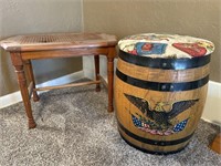 Vintage Wood Barrel Stool with Storage and Wood