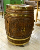 Brass Banded Oak Barrel Bar Cabinet.