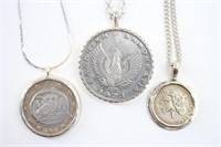 (3) Foreign Coin Pendants & (3) Chains