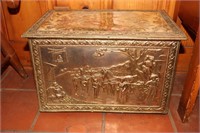 Brass and wood coal or fire box with The Inn