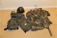 MILITARY GEAR: HELMET LINER, BDU'S AND PACK WITH