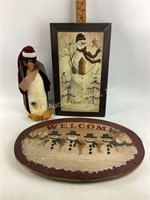 Painted wooden snowman welcome sign.  Primitive